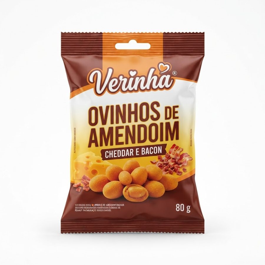 Ovinhos de Amendoim Cheddar e Bacon 80 g Verinha — produto disponível na BRAVI